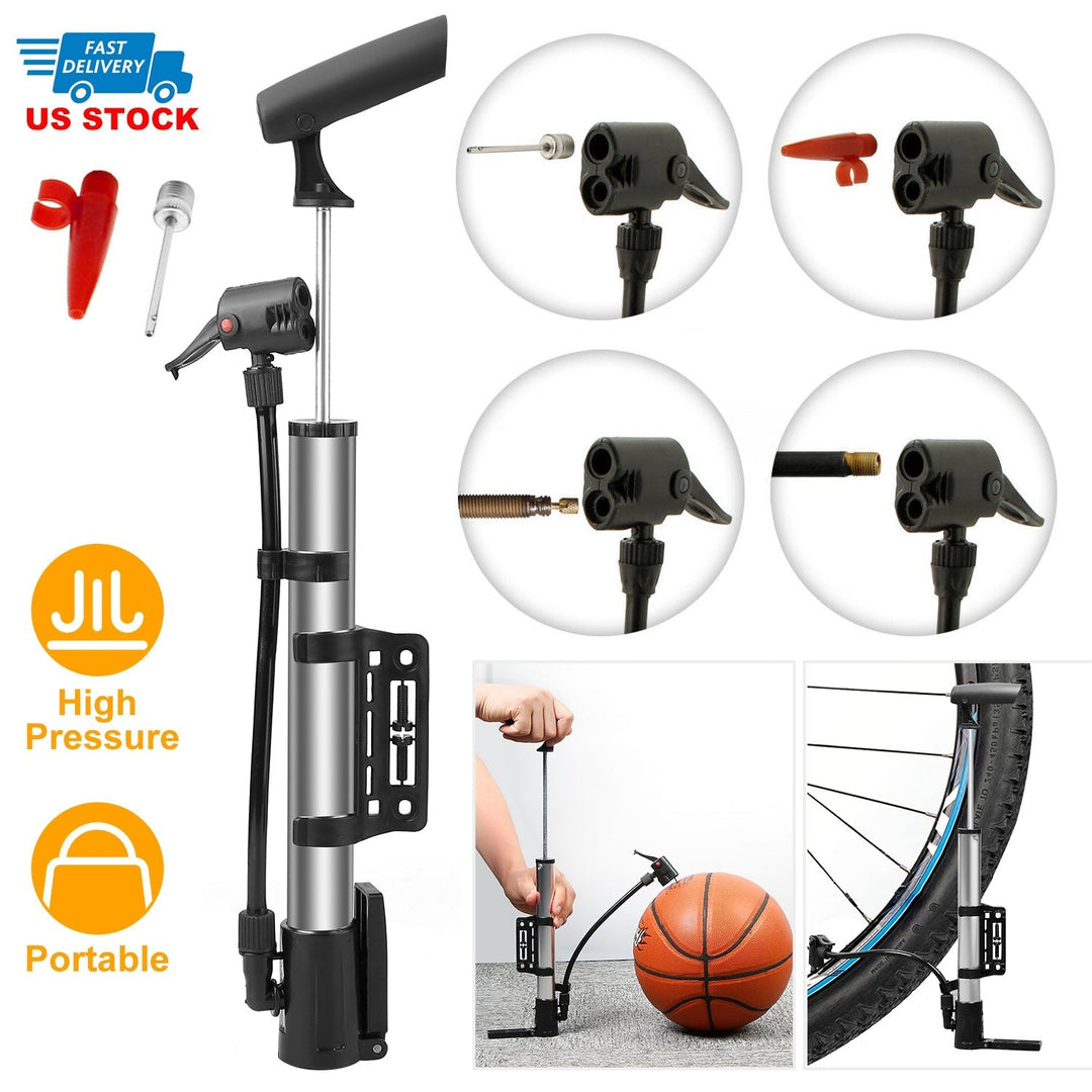 Mini bike tire inflator pump with interchangeable nozzle attachments shown in close-up