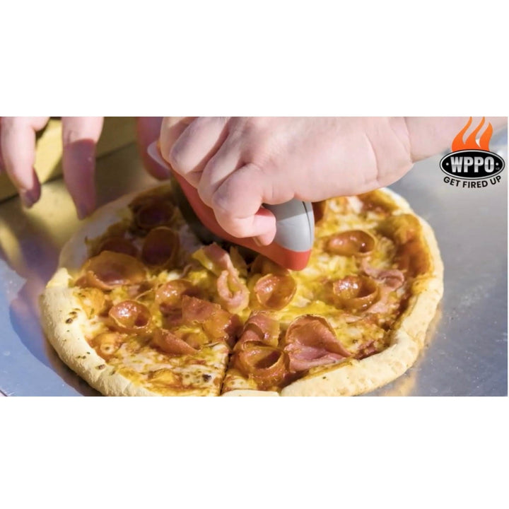WPPO pizza cutter with red handle and clear shield