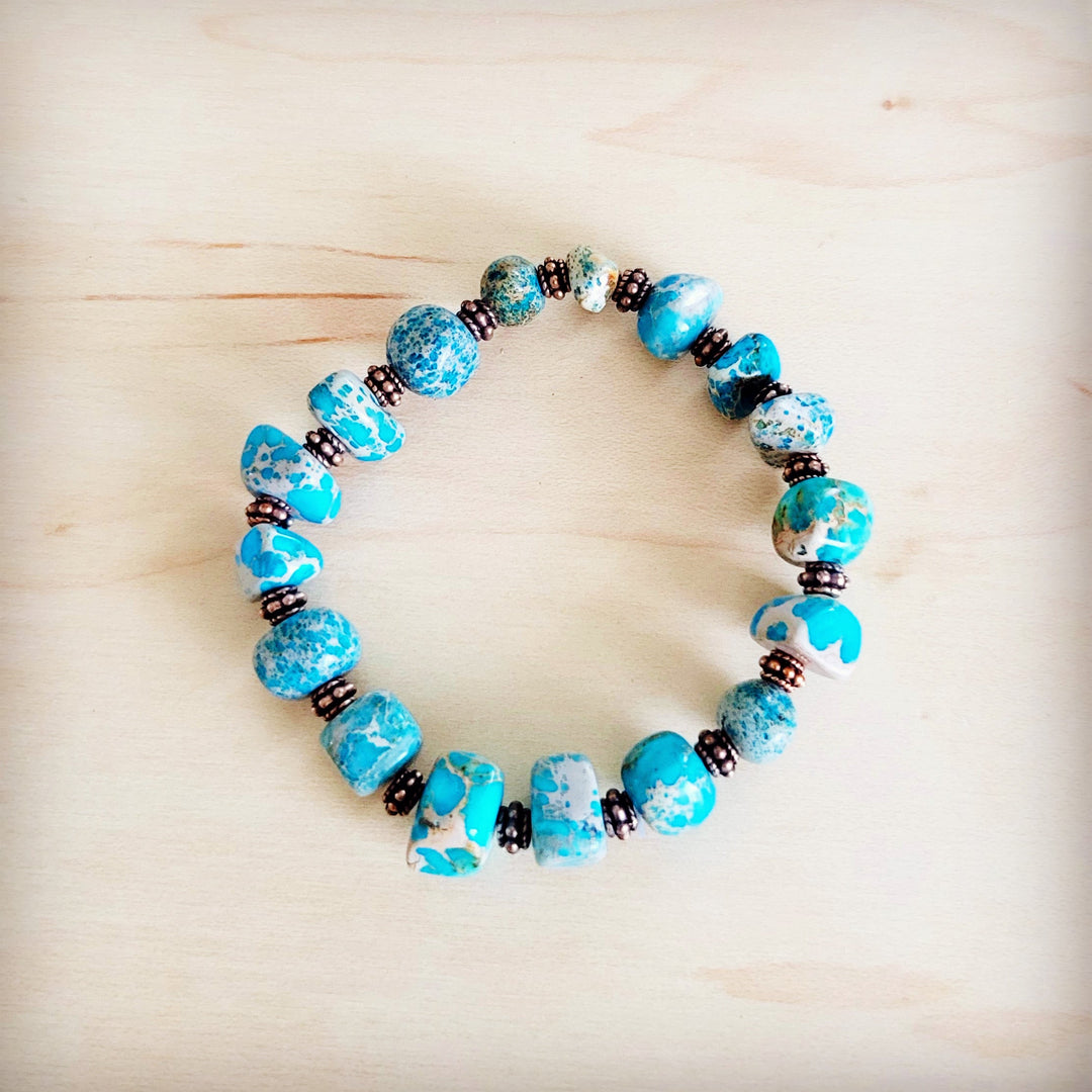 Turquoise and copper stretch beaded bracelet with mixed stone-look beads