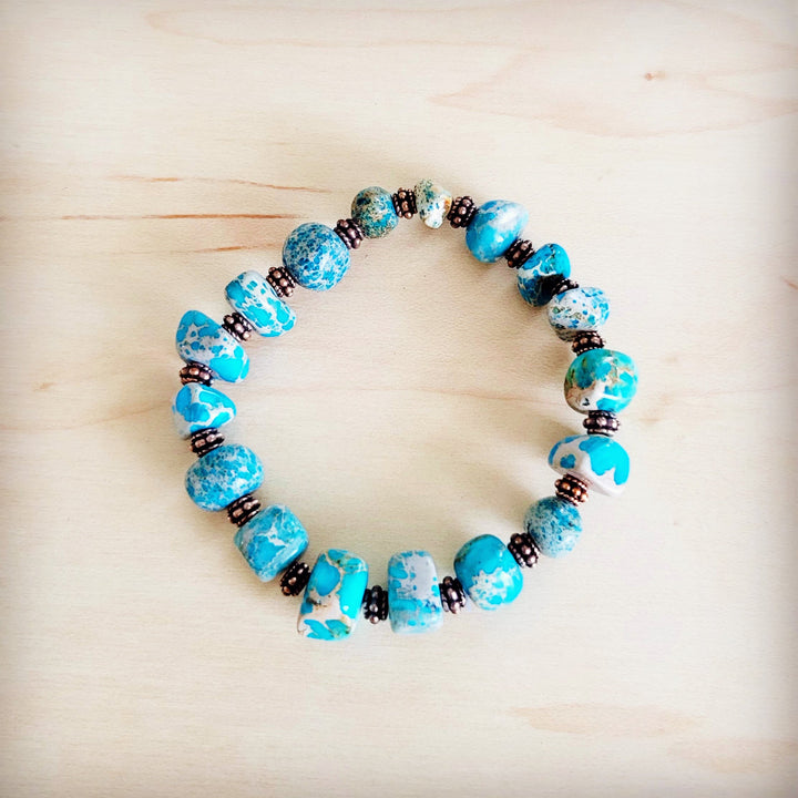 Turquoise and copper stretch beaded bracelet with mixed stone-look beads