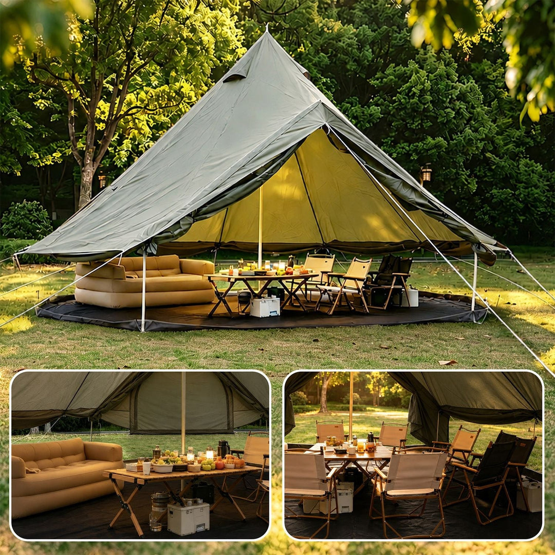 Oxford bell tent with light beige outer fly and dark interior, seating area under tent.