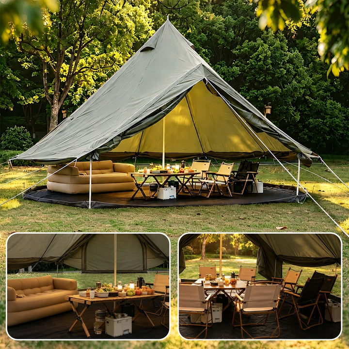 Dark green bell tent with seating and table inside; multiple views shown in collage