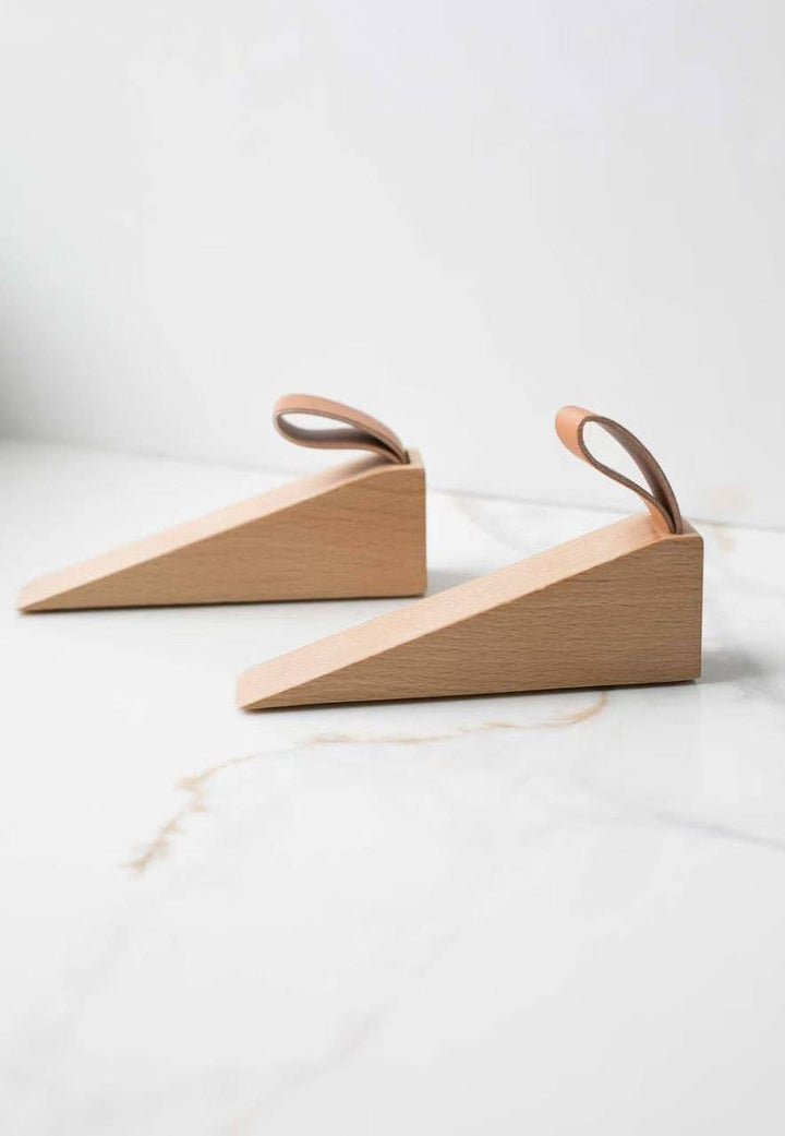 Wooden door wedge stopper with leather-like loop strap, set of 2