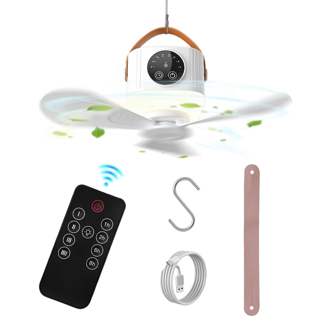Camping ceiling fan with LED control panel, includes remote and charging battery