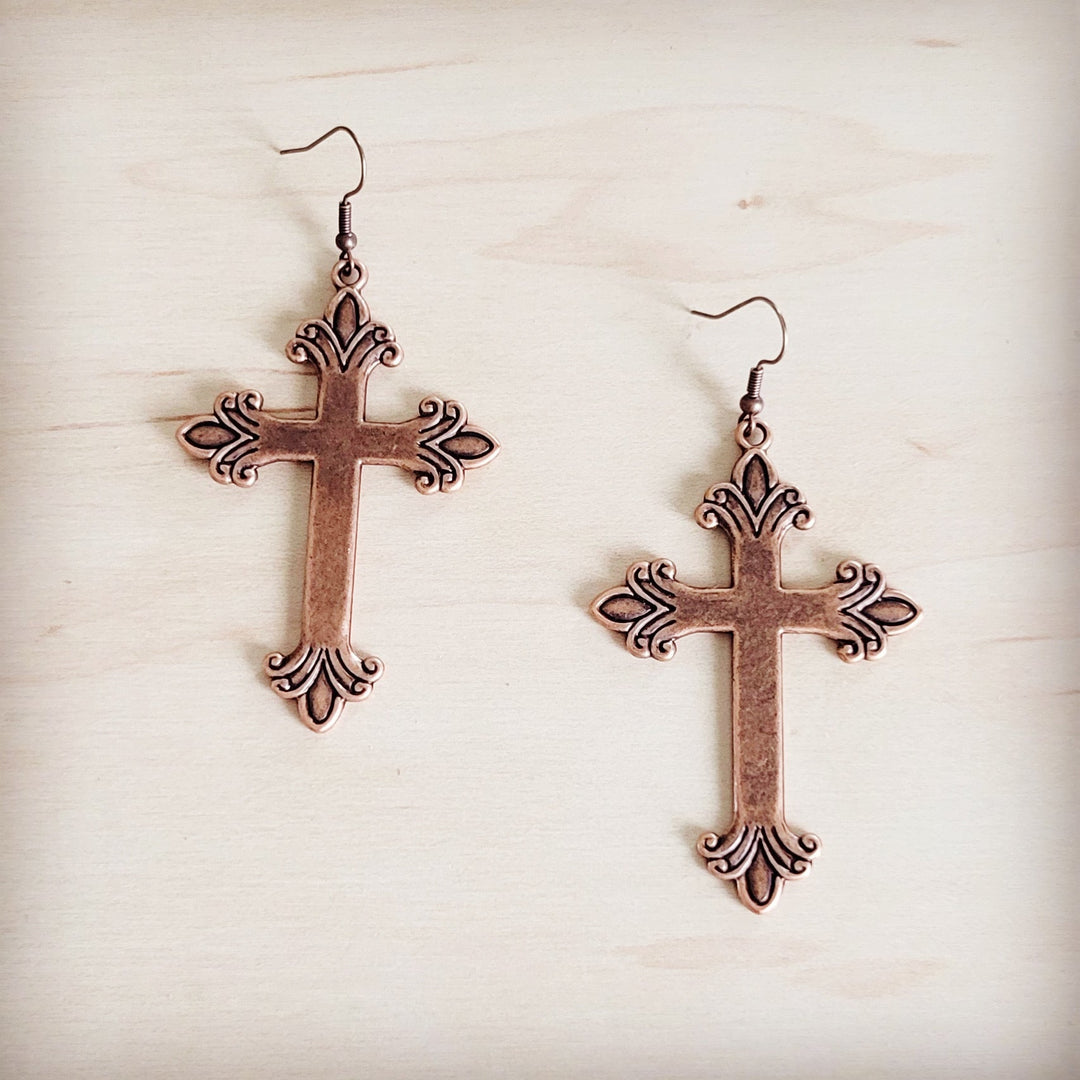 Burnished copper cross drop earrings with ornate filigree, fishhook backs