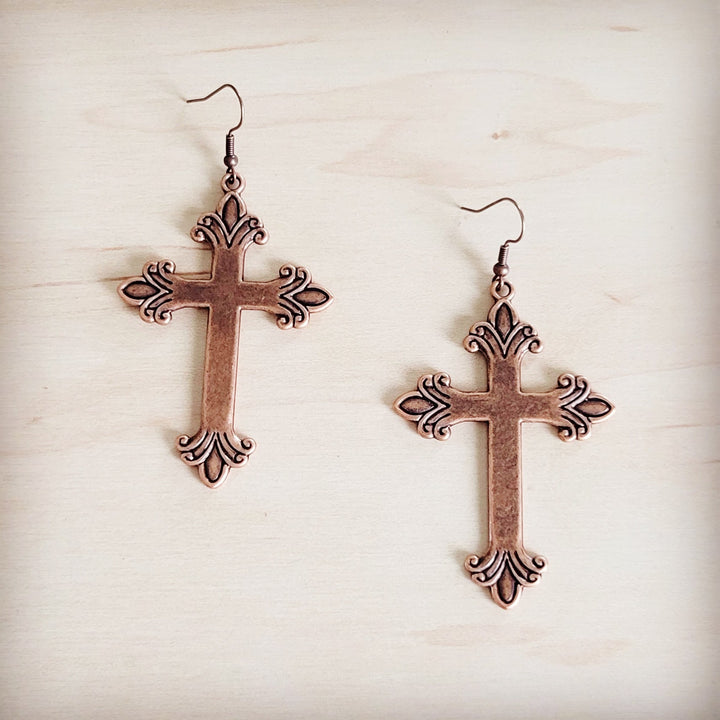 Burnished copper cross drop earrings with ornate filigree, fishhook backs