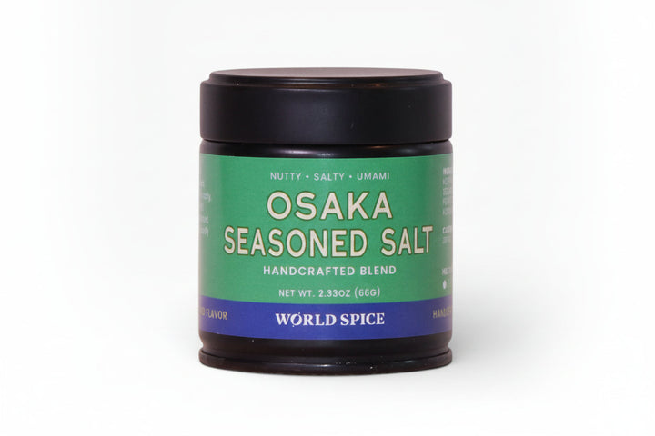 Seasoned salt jar with black lid, green Osaka label, 2.33 oz
