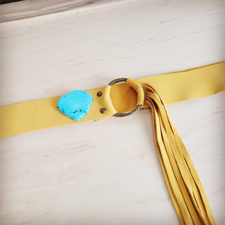 Mustard leather belt closure with turquoise slab, metal grommet, fringe ends