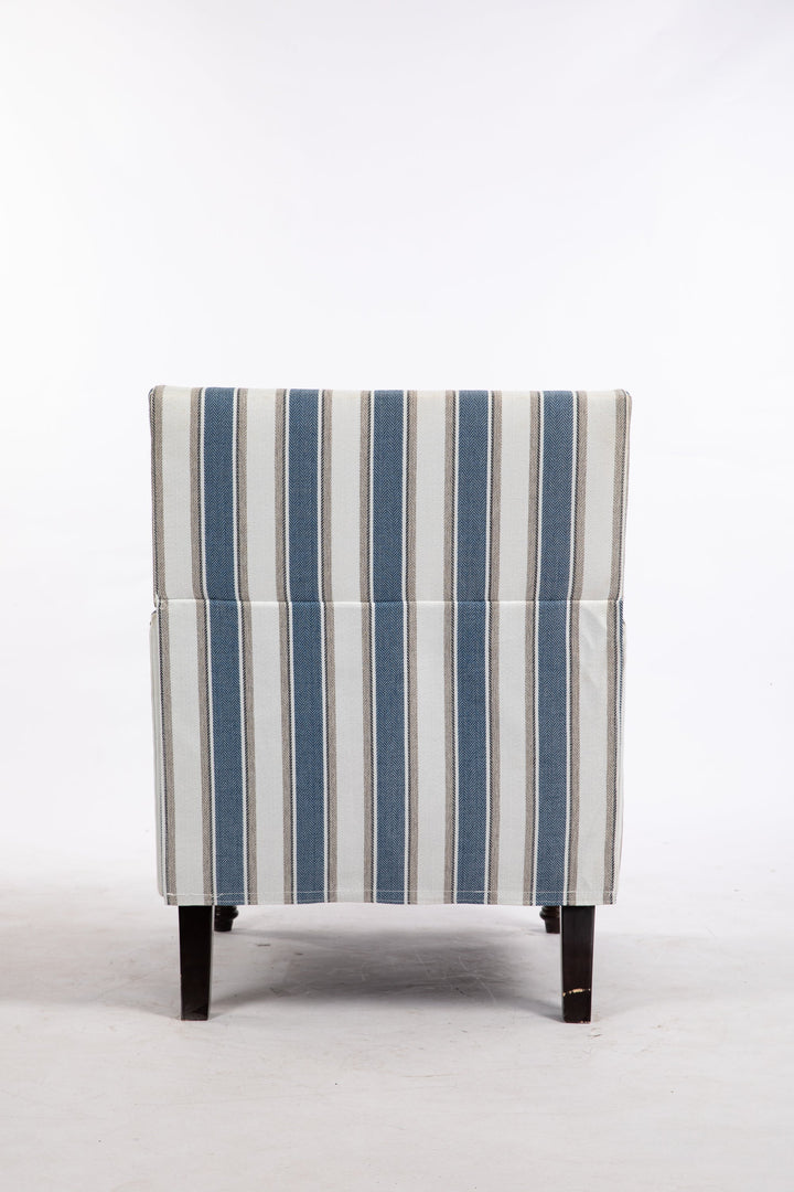 Accent Chair Vintage Striped Linen Blue White Nailhead Solid Wood Legs