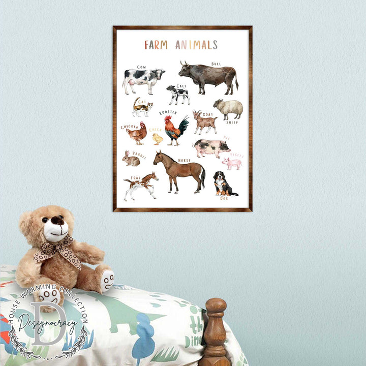 Framed farm animals wooden poster featuring cow, bull, rooster, pig, horse, and dog illustrations