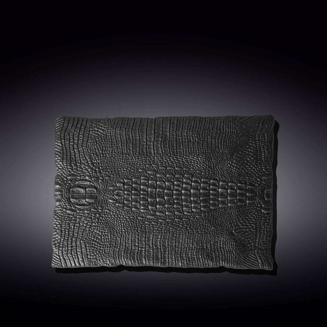Black rectangular serving dish with crocodile-skin textured slate look