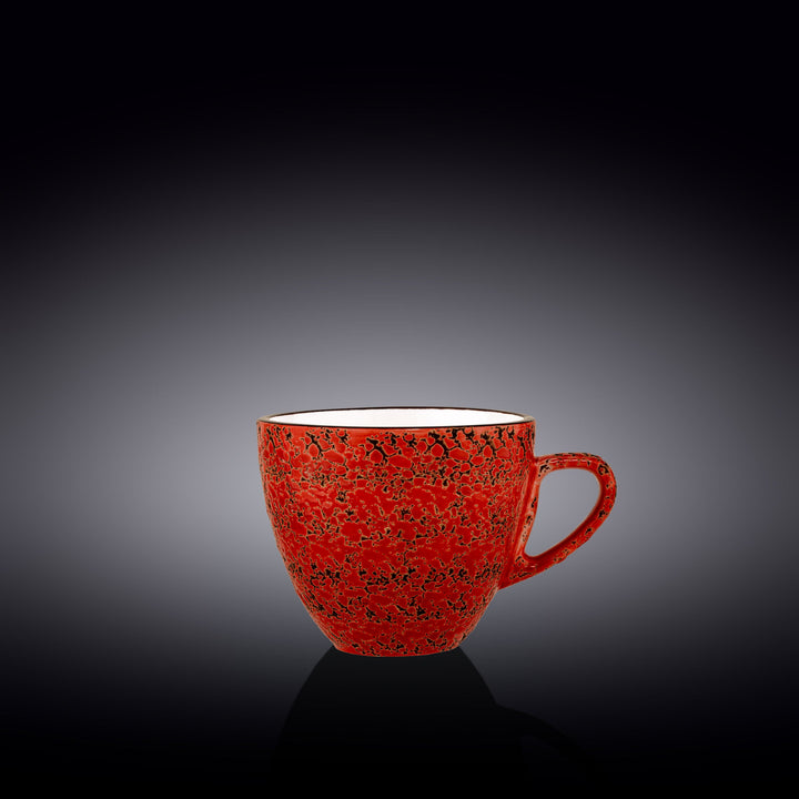 Red speckled porcelain coffee/tea cup with handle, white interior, 10 fl oz