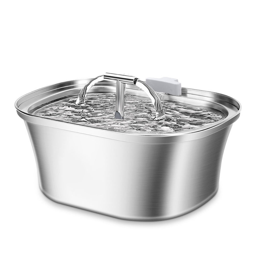 Stainless steel pet water dispenser with curved nozzle and bubbling recirculating water