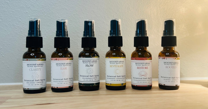 Moonfarma herbal salt spray bottle set: Clarity, Ease, Flow, Restore, Revitalize, Rooted