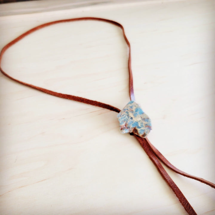 Leather lariat necklace with blue aqua stone slab pendant and braided leather tie