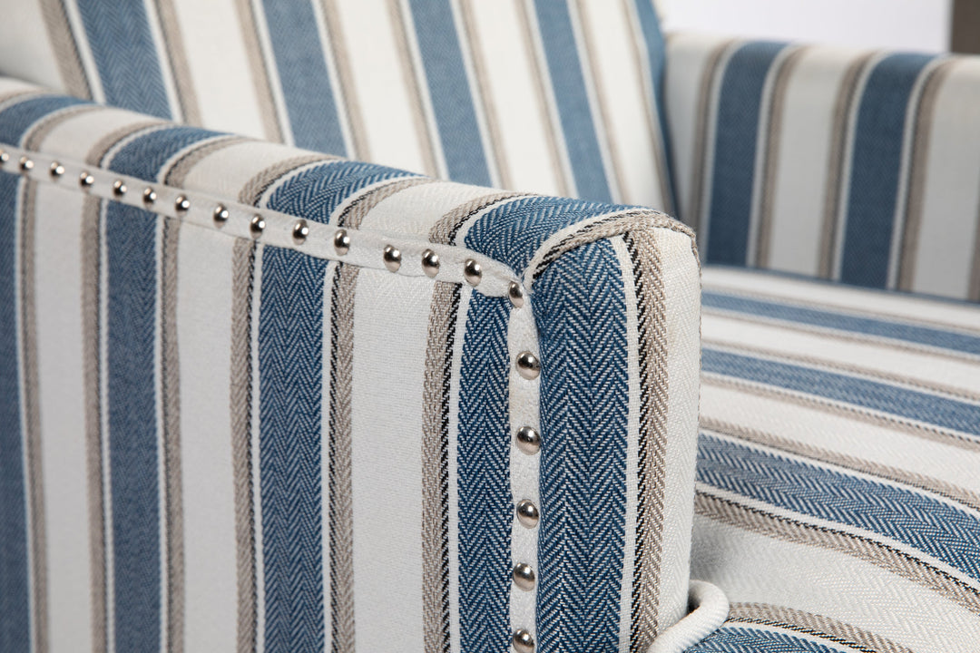 Accent Chair Vintage Striped Linen Blue White Nailhead Solid Wood Legs