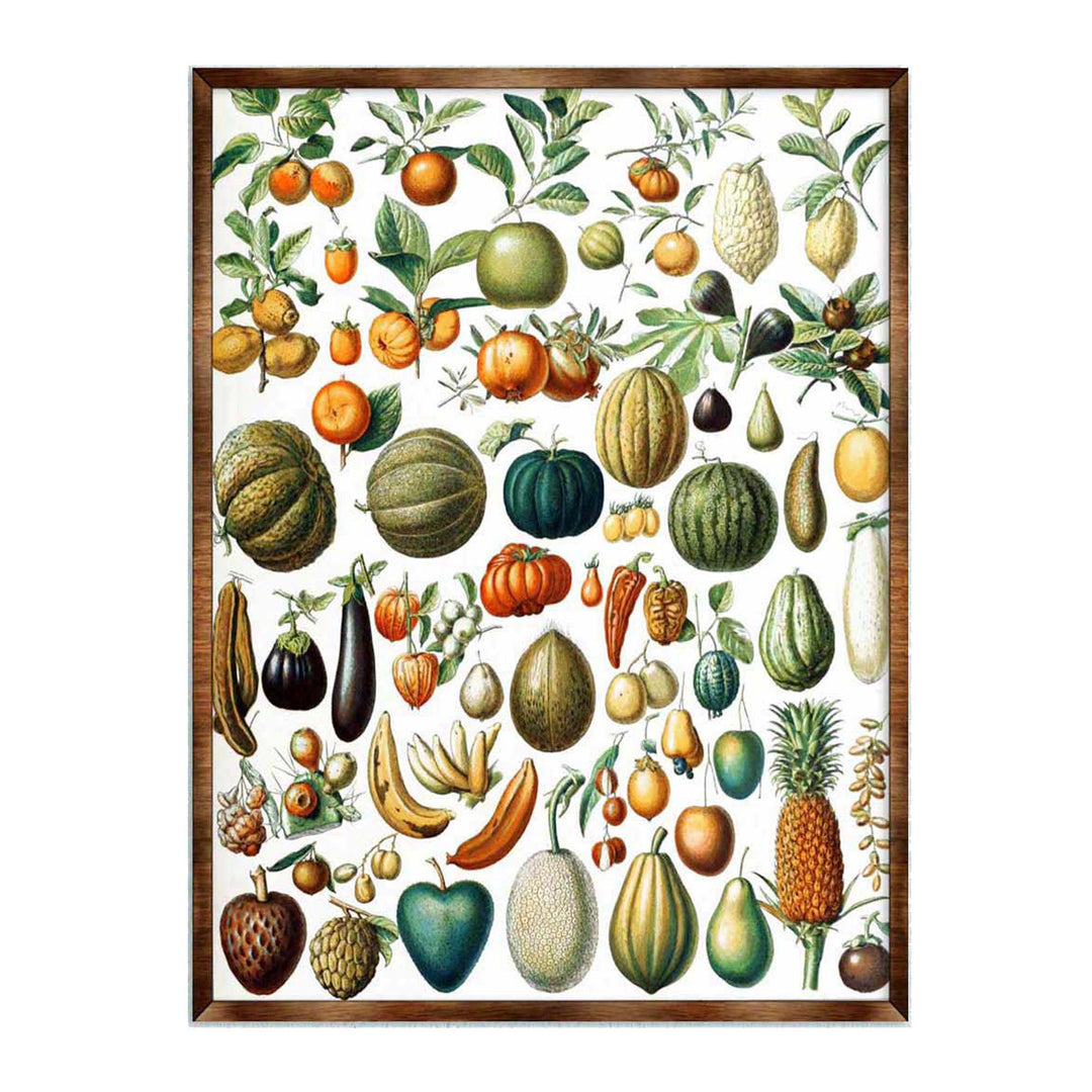 Fruit-themed wooden kids poster with colorful illustrated fruit and leaves