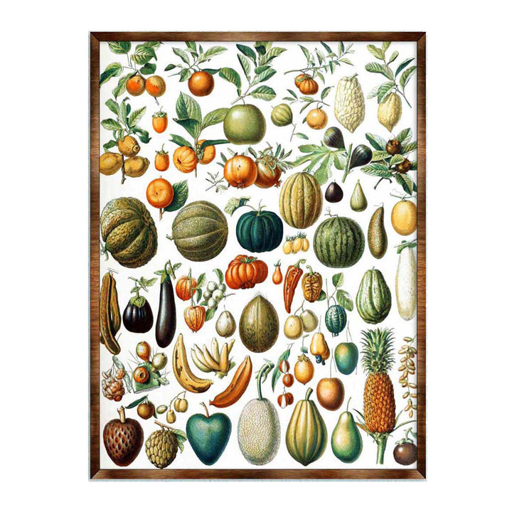 Fruit-themed wooden kids poster with colorful illustrated fruit and leaves