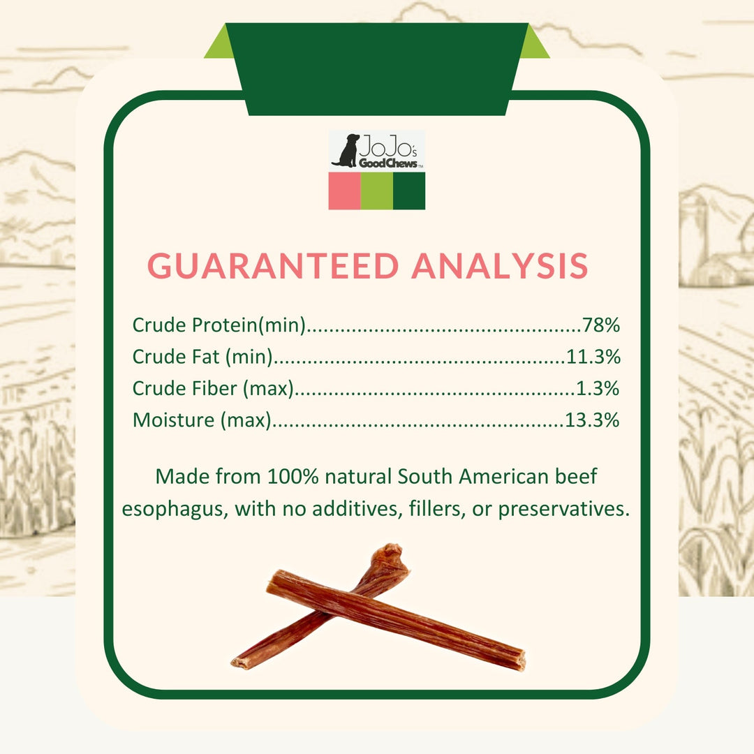 Dog food pouch label with guaranteed analysis for beef gullet sticks, 100% natural