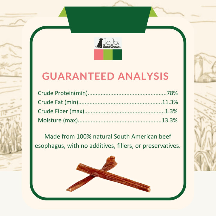 Dog food pouch label with guaranteed analysis for beef gullet sticks, 100% natural