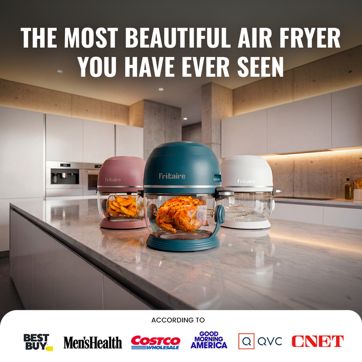 Multiple countertop air fryers with clear glass bowls shown together in kitchen setting