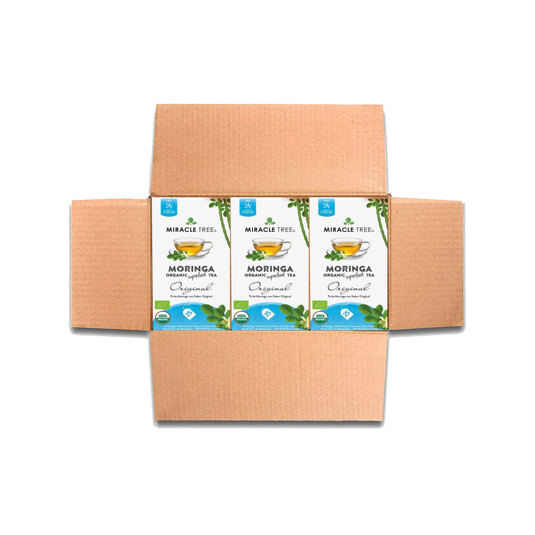 Kraft carton showing multiple Miracle Tree Moringa Original tea boxes