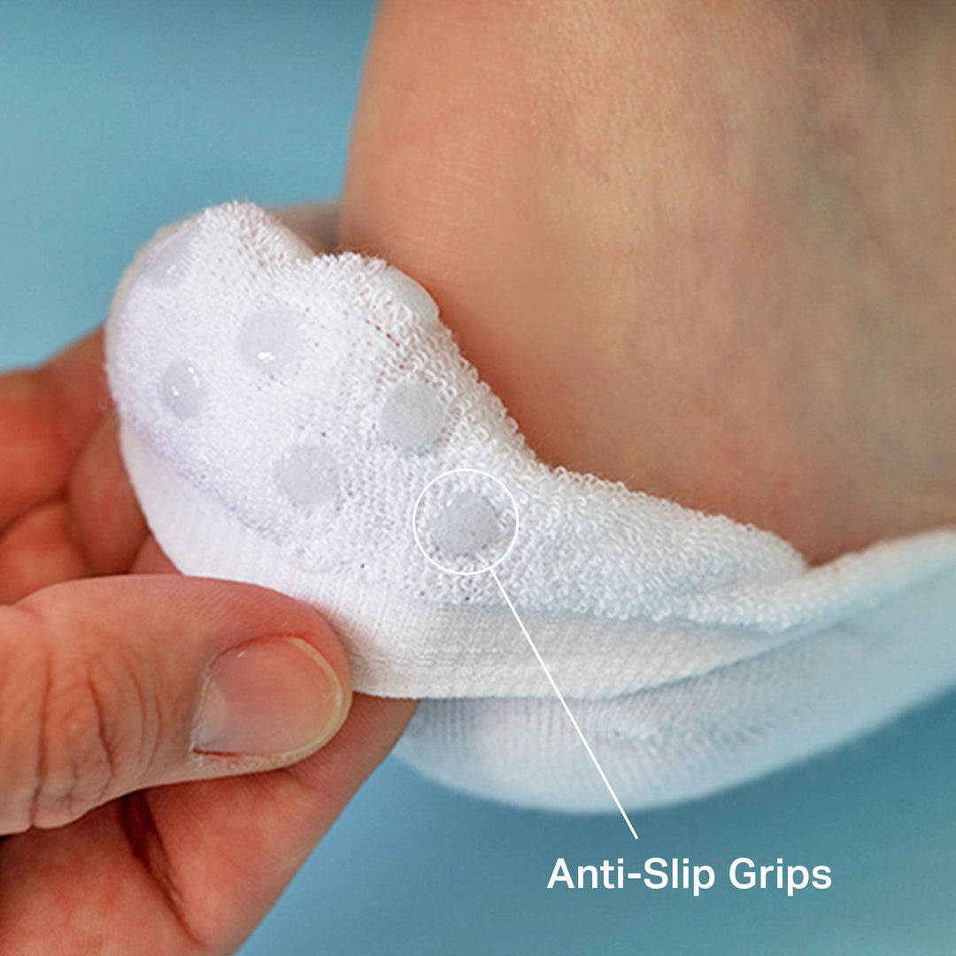 White no-show sock with anti-slip grip dots on the heel underside