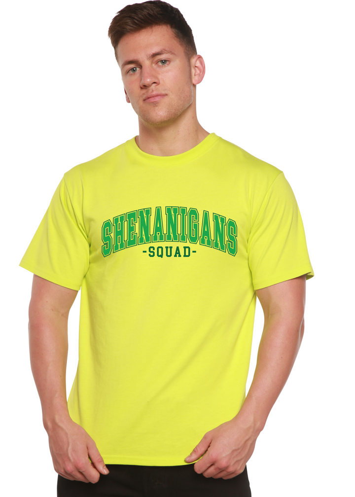 Unisex graphic T-shirt, bright yellow with green “Shenanigans Squad” logo on front.