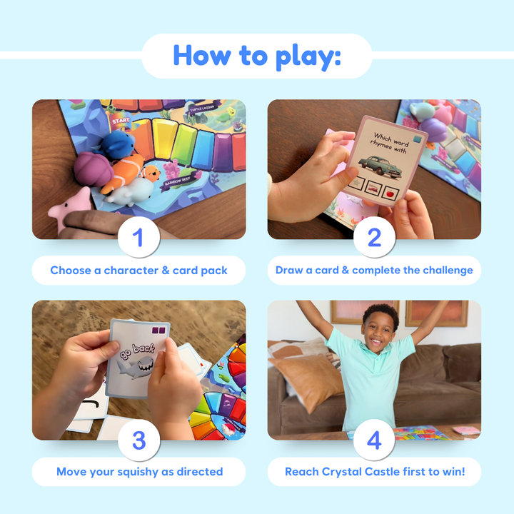 Squishyland loved-by-teachers and parents cards with classroom and family game photos.