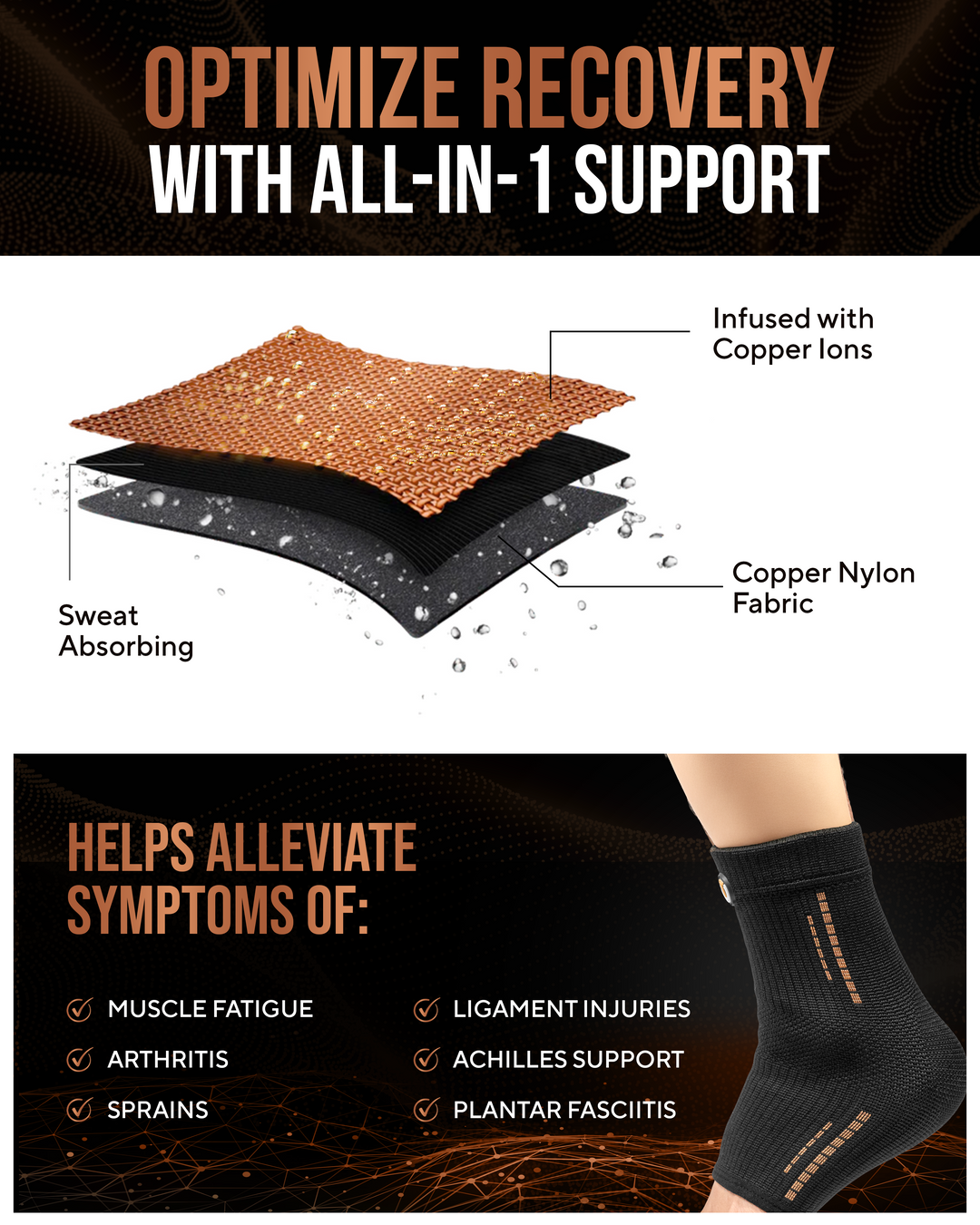 Black copper compression ankle sleeve with sweat-absorbing knit and supportive panels
