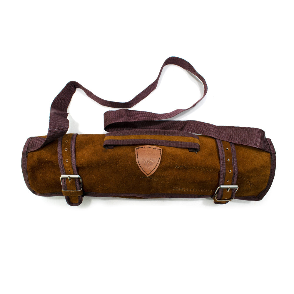 Leather knife carry bag with adjustable strap and snap buckle