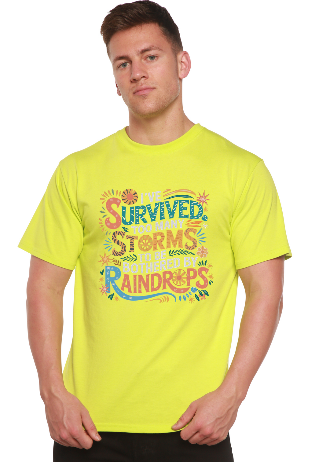 Unisex graphic t-shirt, neon yellow, colorful storm-themed front print.