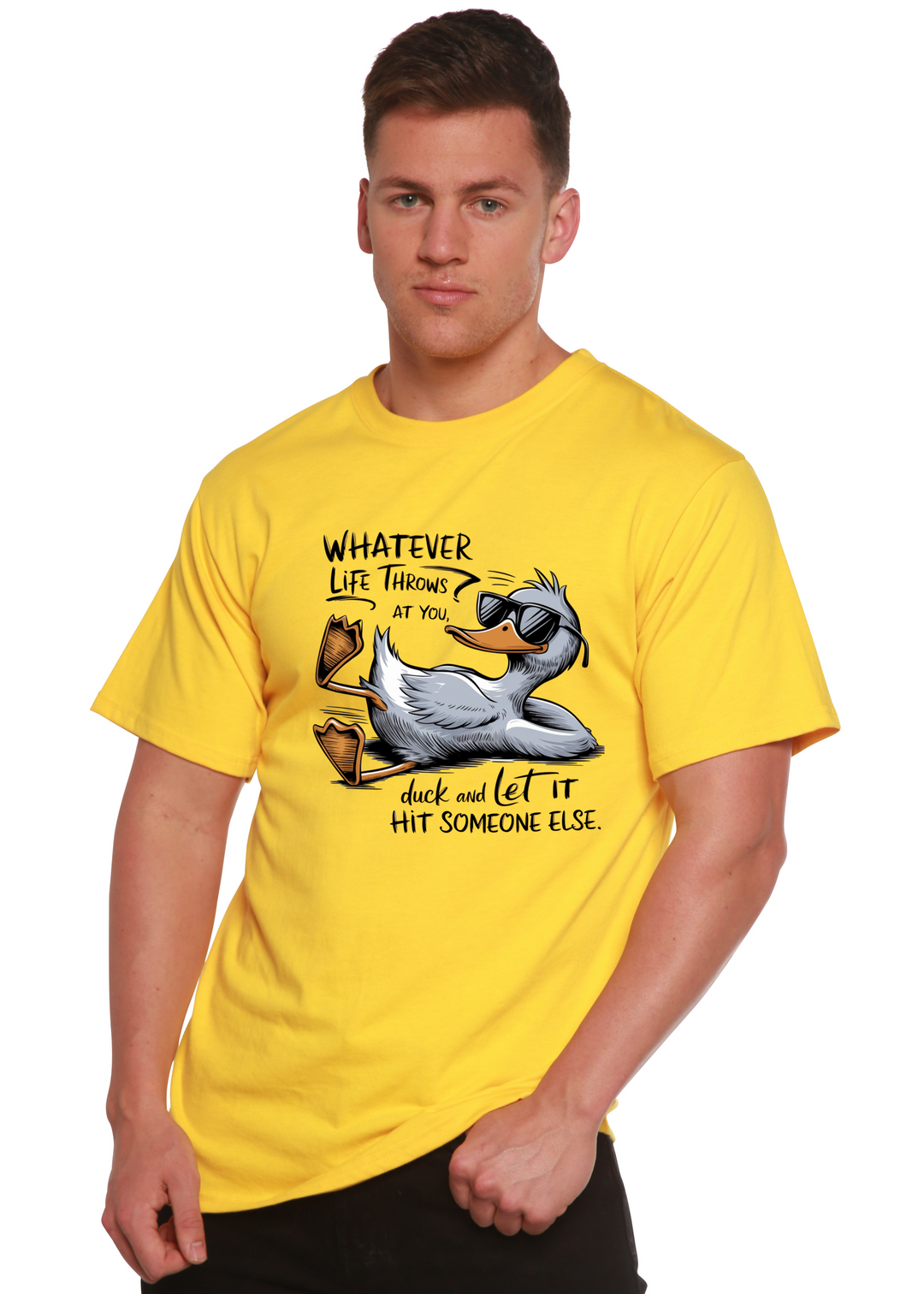 Yellow unisex graphic T-shirt with duck illustration and motivational text
