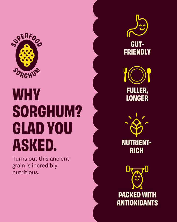 Why sorghum infographic with Superfood sorghum and gut-friendly nutrition icons.
