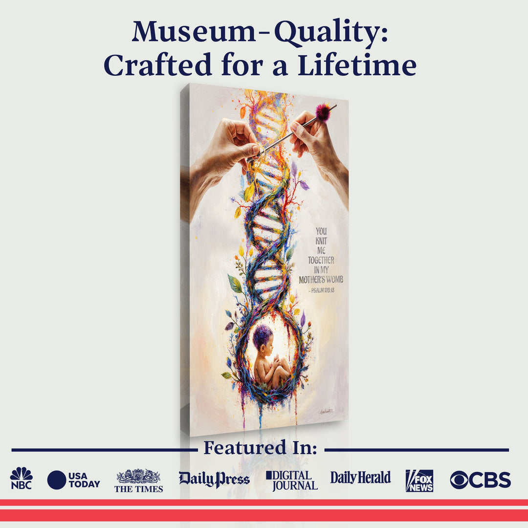 Vertical canvas wall art featuring colorful DNA heart with baby figure and quote text