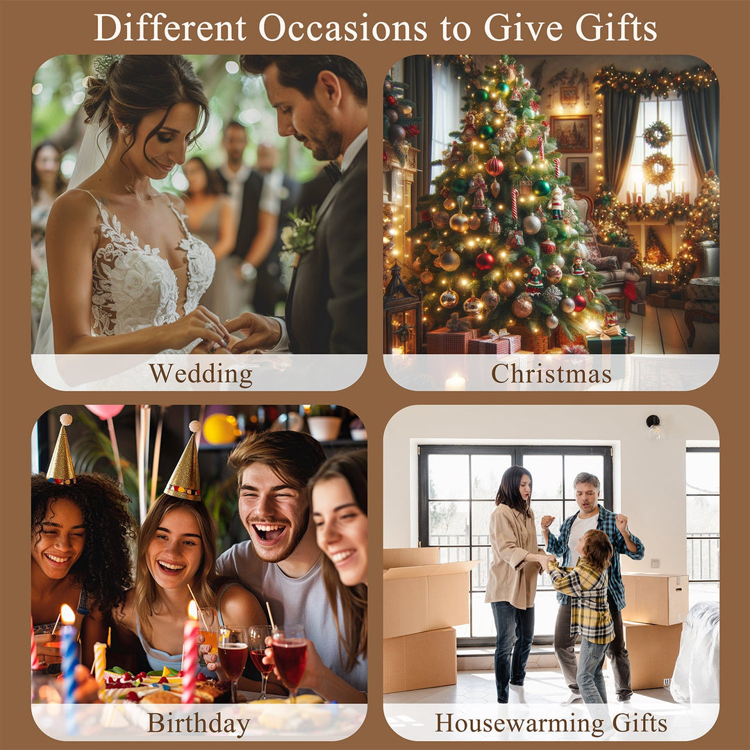 Gift occasions collage with wedding, Christmas, birthday, and housewarming scenes