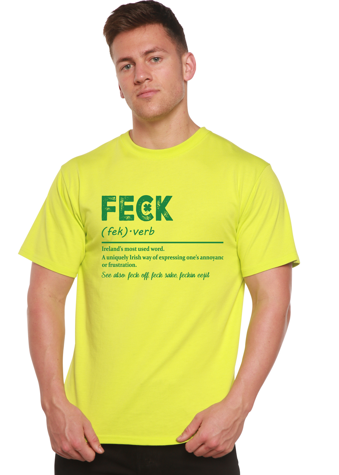 Bright lime graphic T-shirt with green "FECK" logo and definition text beneath