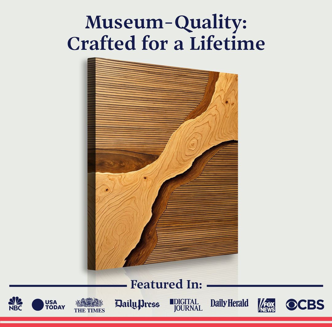 Wood rift wall art canvas in wooden frame with swirling wood-grain center