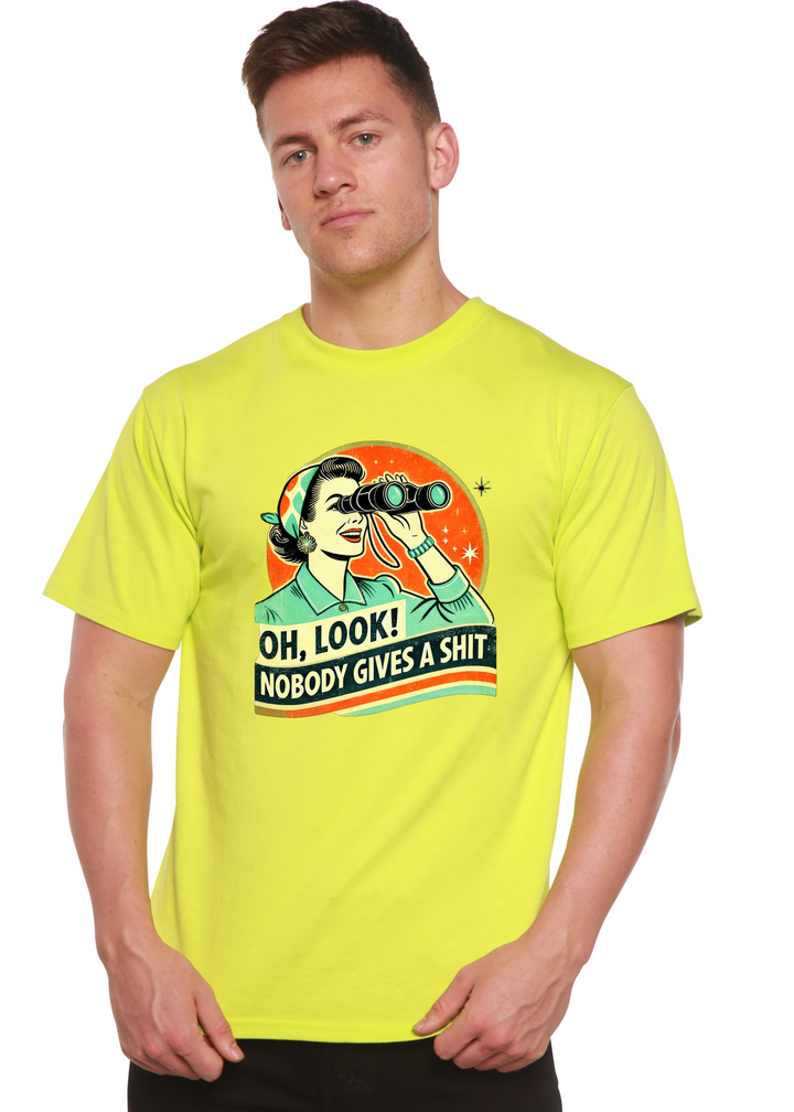 Unisex neon yellow graphic T-shirt with retro woman telescope and “OH, LOOK!” text