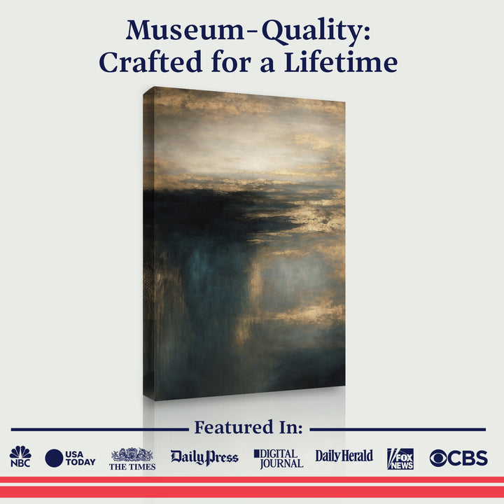 Framed cloudscape wall art canvas with gold highlights and teal misted clouds.