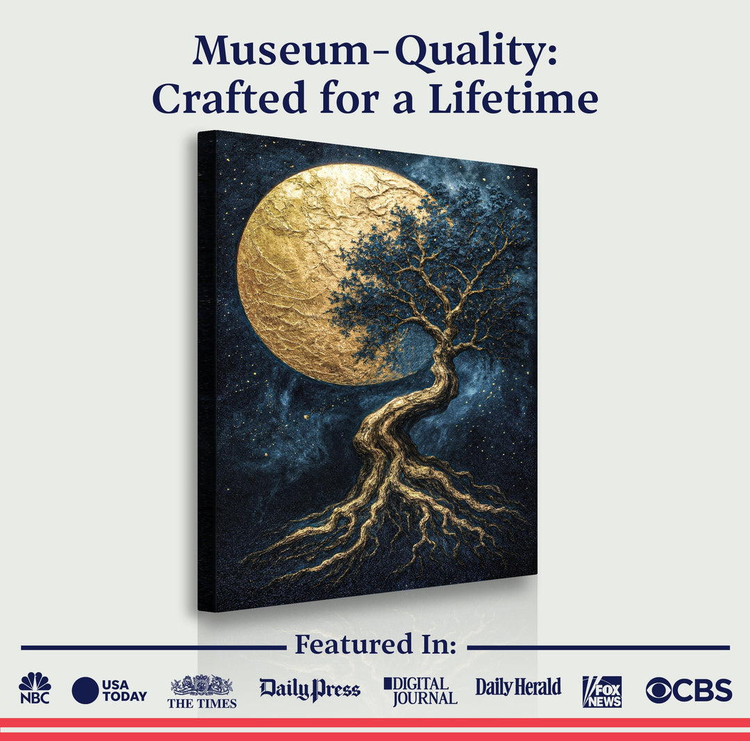 Gold moon and blue tree of life wall canvas shown with quality message card