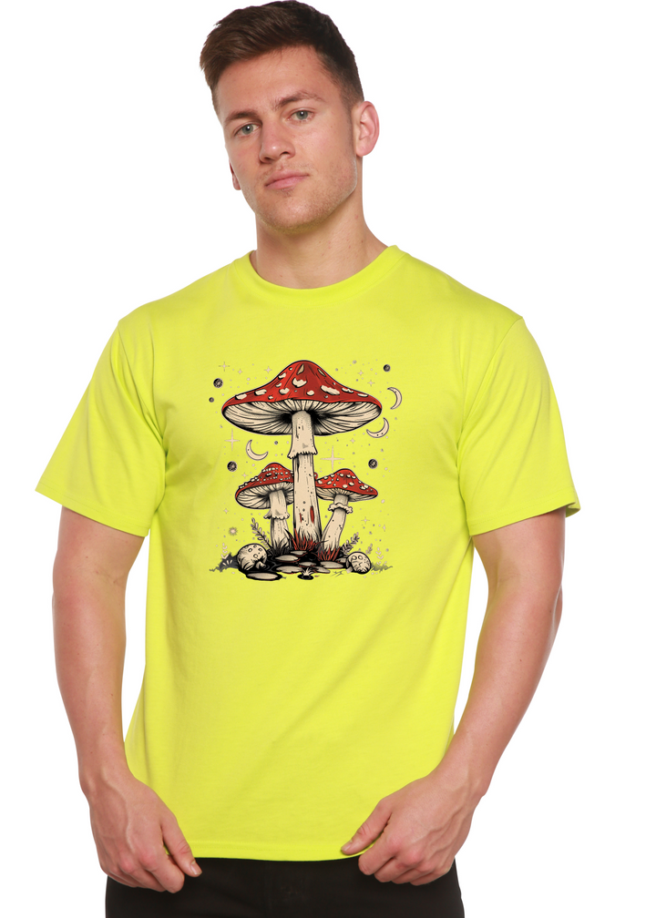 Lemon yellow unisex T-shirt with red-and-brown mushroom graphic on the front