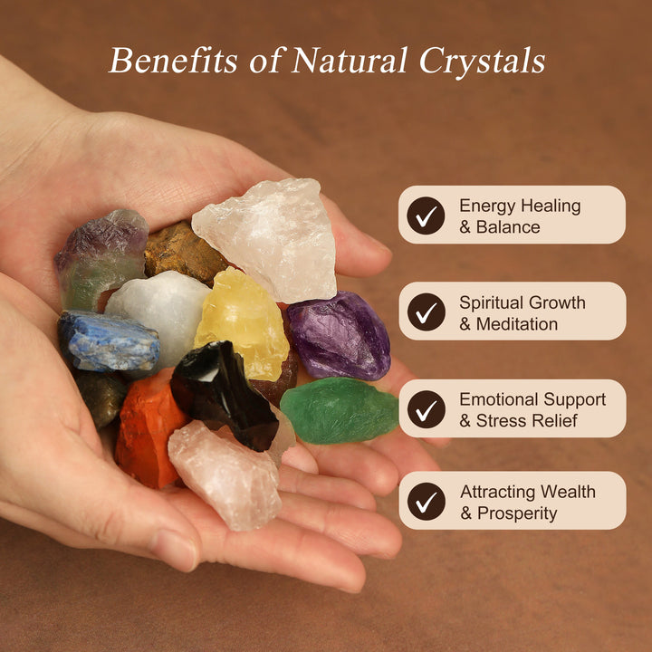 Mixed natural crystal stones and rough gemstones in open hands