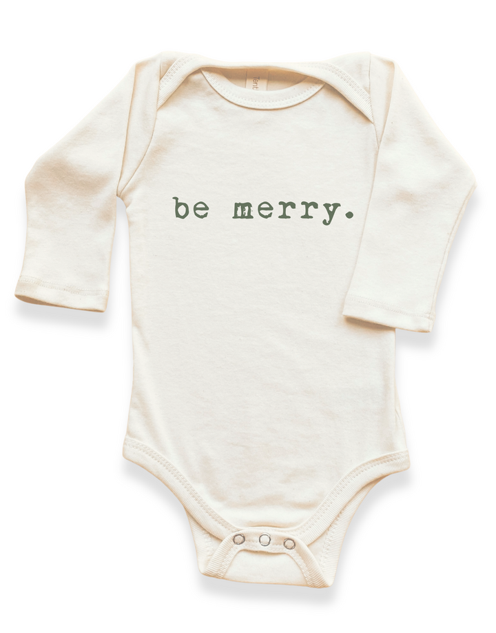 Long-sleeve baby bodysuit in cream with green "be merry" front print