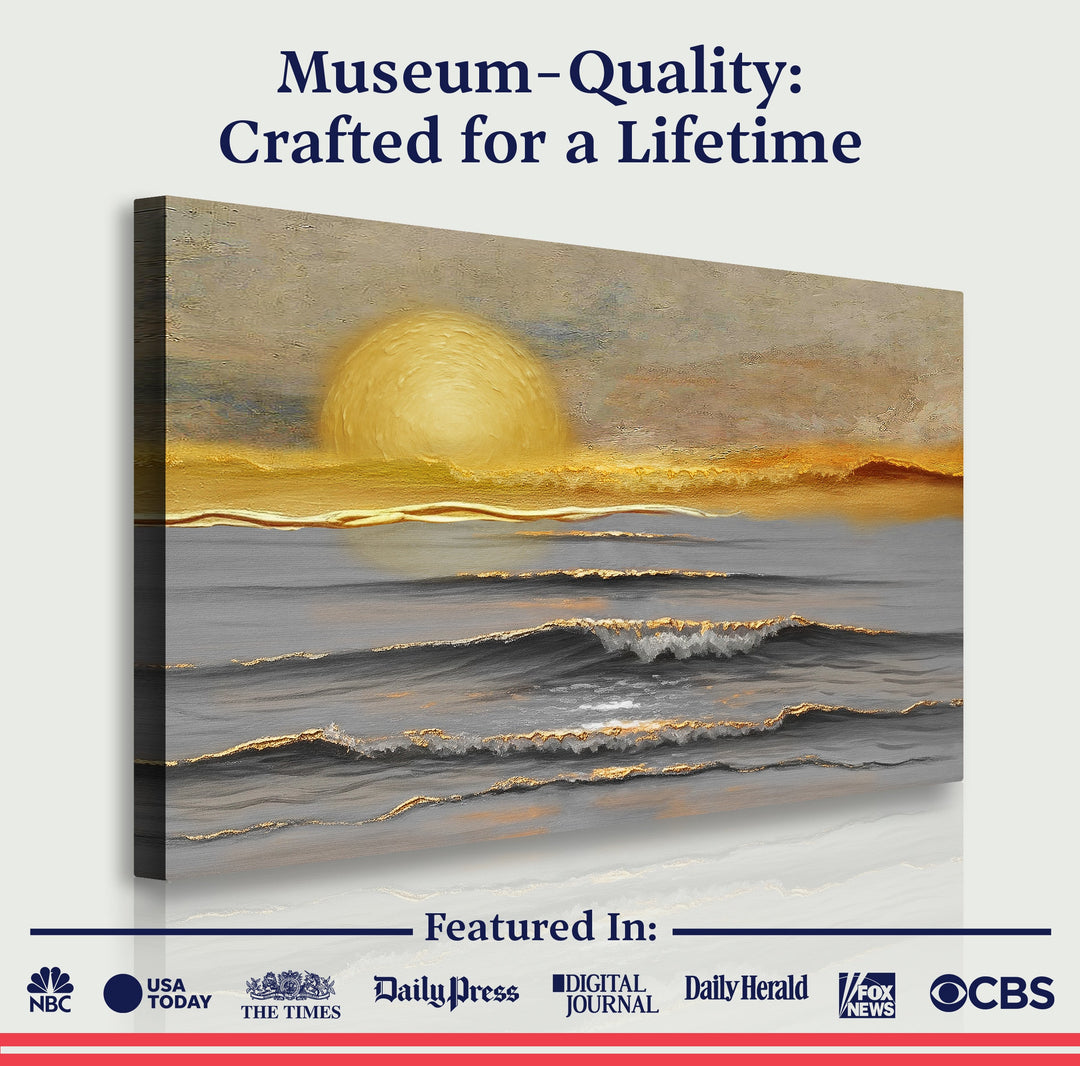 Seascape canvas wall art with golden sun rising over ocean waves on muted background
