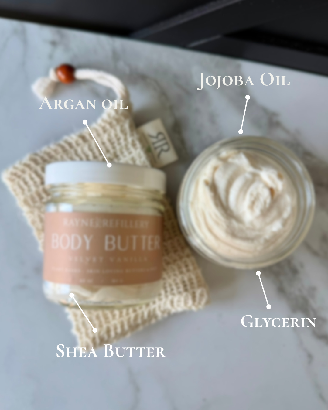 Body butter jar with creamy swirl showing ingredient callouts: argan oil, shea butter
