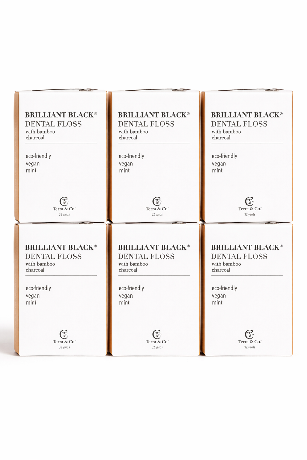 Six Brilliant Black® dental floss boxes, bamboo charcoal with vegan mint