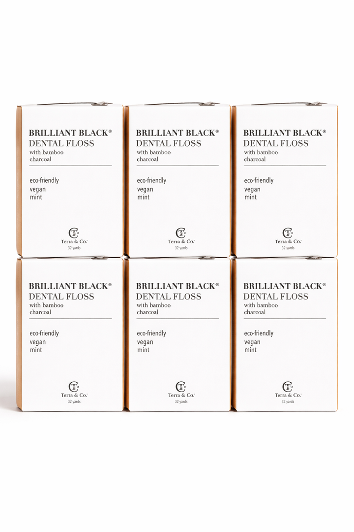 Six Brilliant Black® dental floss boxes, bamboo charcoal with vegan mint