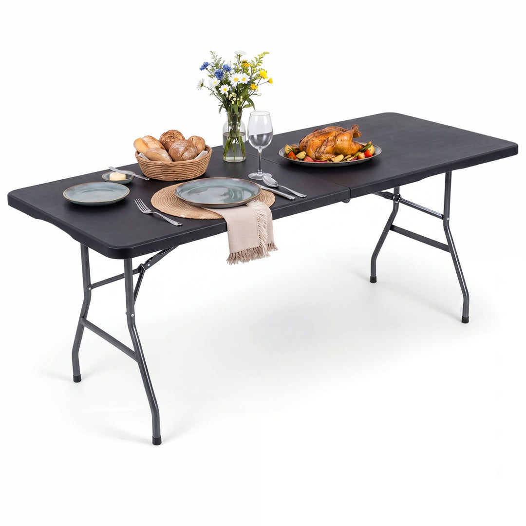 Coffee folding camping table with rattan-texture top and black metal legs