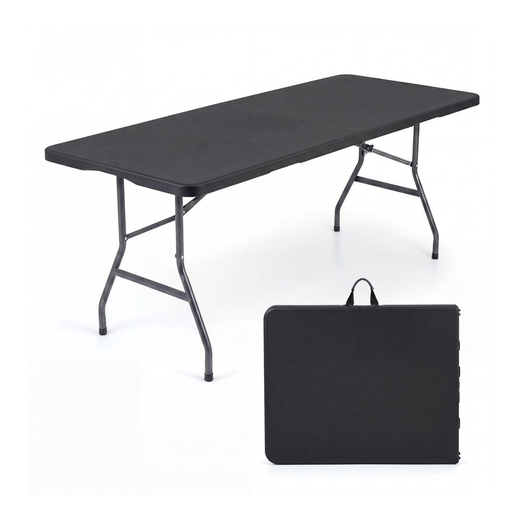Folding camping table with rattan-texture top and dark legs; includes carrying case